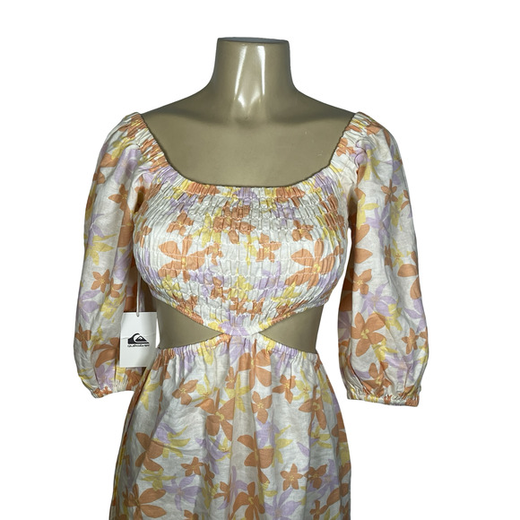 Quiksilver Kara Floral Cut Out Dress Womens Small Off White Puff Sleeve Linen - Picture 2 of 15